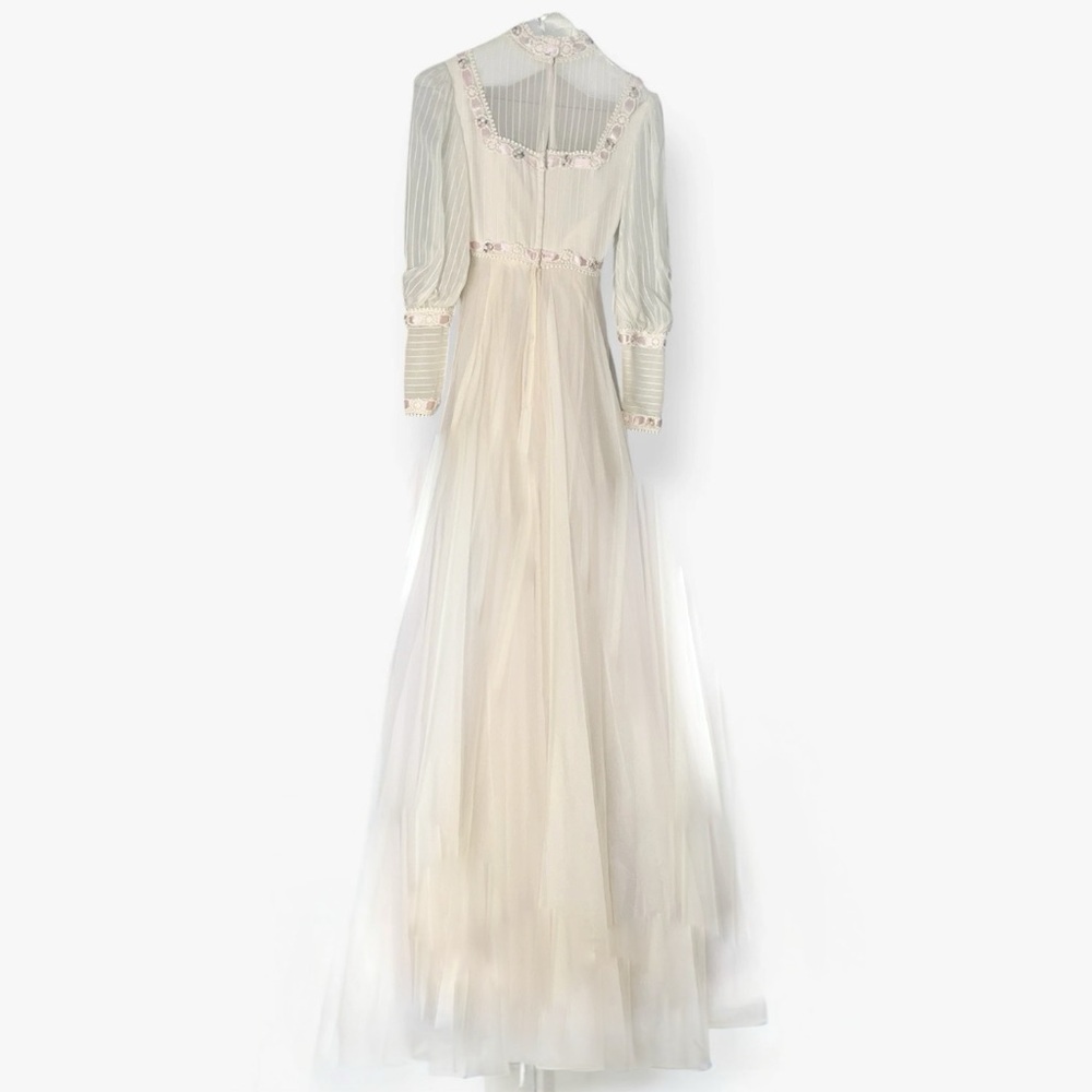 Vintage Victorian High Neck Dress Wedding 4 Off White Cream Pink Bishop Sleeve - Picture 5 of 12